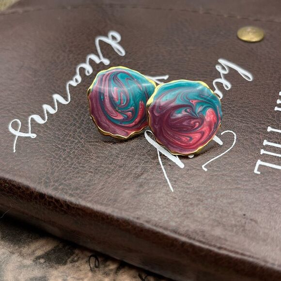 Vintage 1990s Pastel Paint Swirled Gold Tone Enamel Circle Stud Earrings - Picture 5 of 7